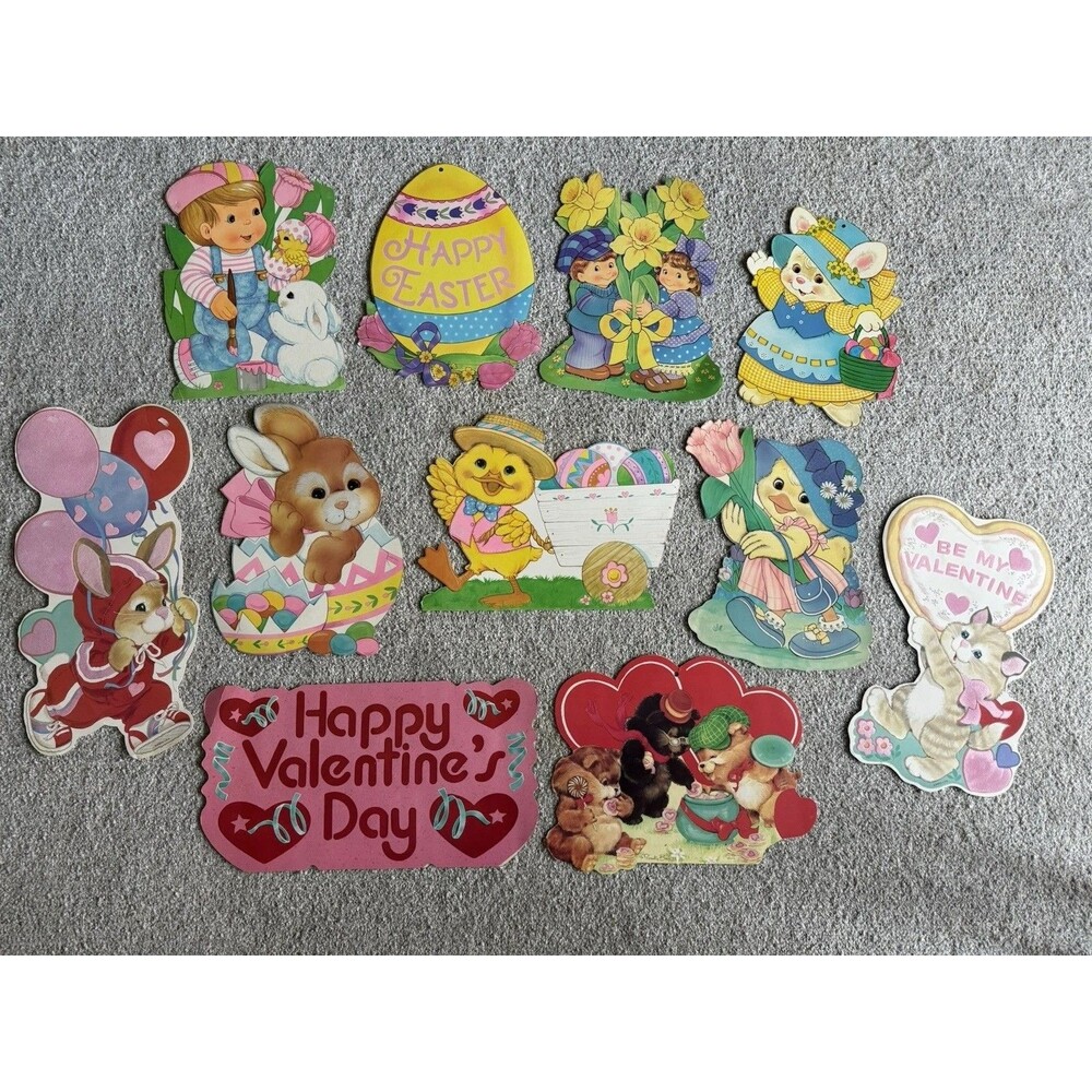 Lot of 11 Vintage Die Cut Easter Valentines Day Cardboard Hanging Decorations